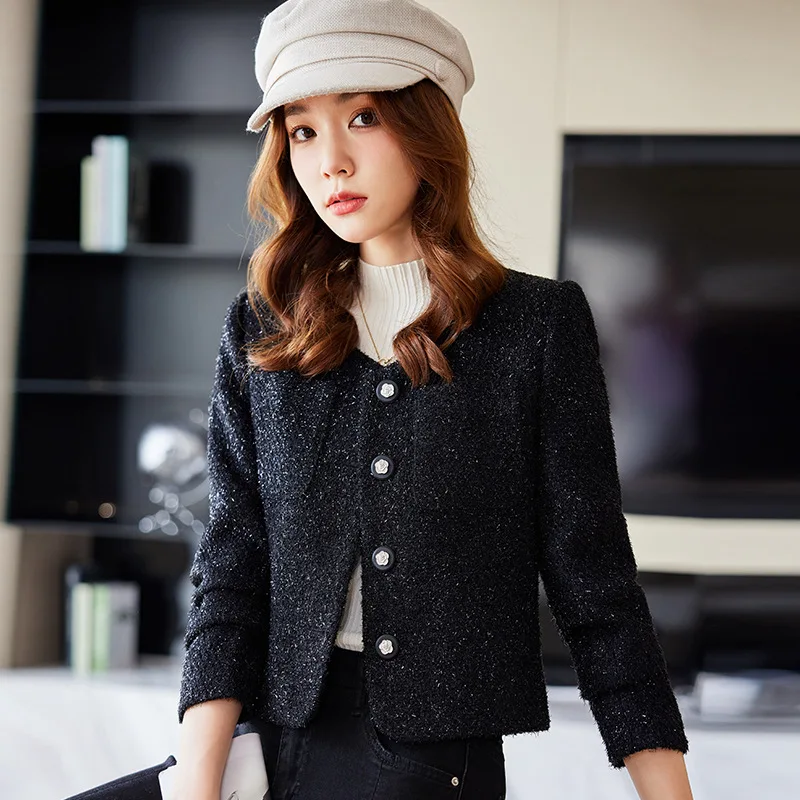 High quality blazer for women short jacket wool blend single breasted new spring 2024 elegant fashion clothes - black yellow