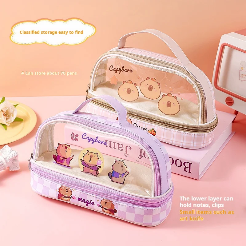 Double-Layer Transparent Pen Case Large Capacity Kapibala Pencil Bag for School Stationary Organizer Students Kids