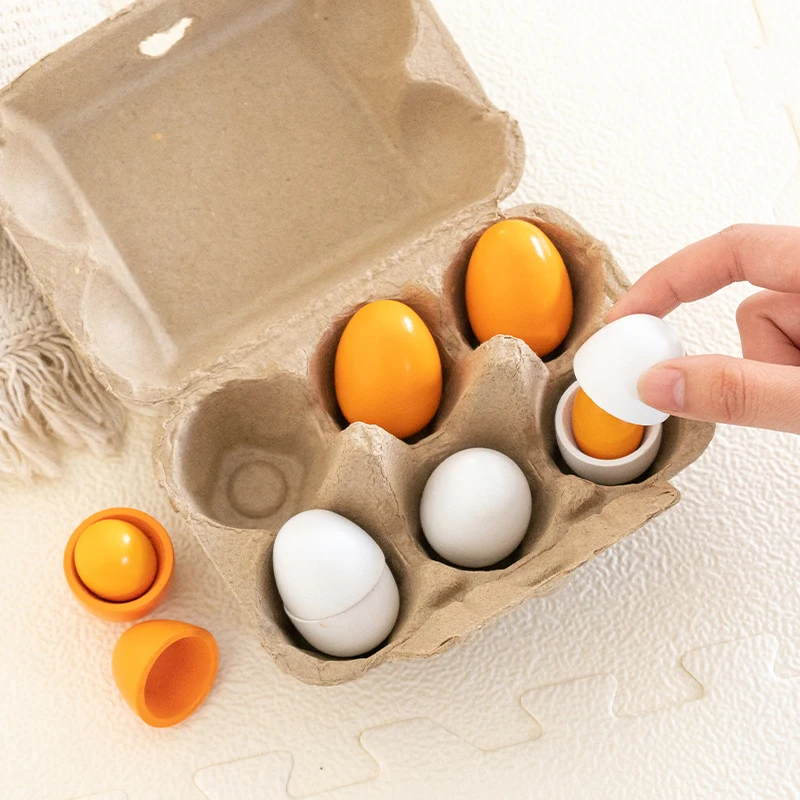 6 pieces simulated wooden egg toy set for children pretending to play with food egg yolk kitchen food children's toys