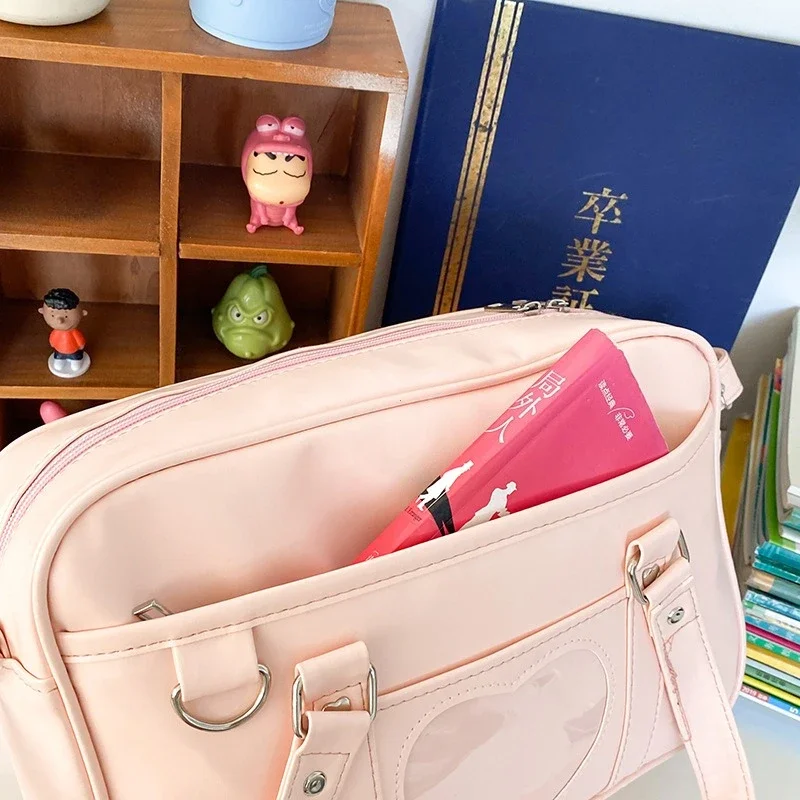 Women Jk School Handbag Large Capacity PU Anime Crossbody Bag Transparent Love Heart Shoulder Uniform Bag for Shopping Commuting