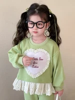 Spring Autumn Faionable Girl's Sweatirt Set Lace Trimmed Flared Pants Korean Sle Two-Piece Suit for Little Girls