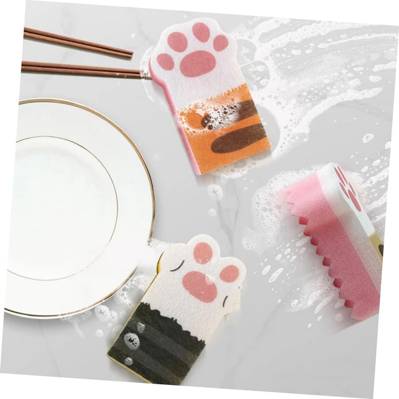 

6 Pieces Cats Paws Sponge Dishwasher Sponge Scouring Sponges Cleaning Sponges Non-Woven Fabric Reusable Durable Easy Install