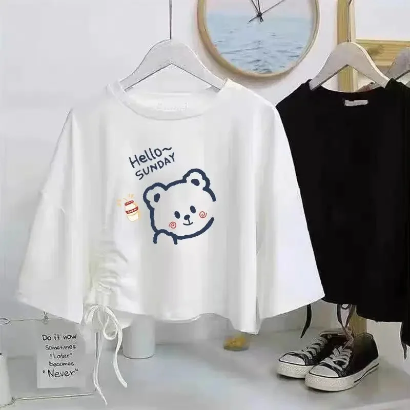 فضفاضة قصيرة الأكمام تي شيرت المرأة عالية الخصر زر...