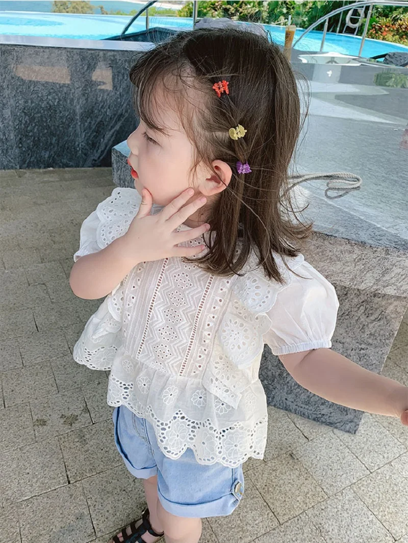 여아용 여름 코튼 스위트 레이스 패치워크 싱글 브레스트 백 할로우 자카드 셔츠, 어린이 블라우스, 어린이 복장 상의, 2-8 세
