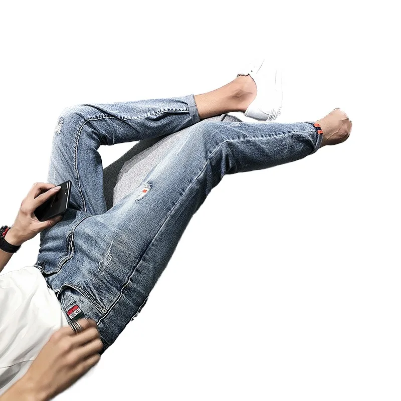 2023 Social and Spiritual Guy, Broken Hole, Beggar Jeans, Male Internet Red, Slim Fit, Casual, Fashion, Small Feet Cropped Pants 6