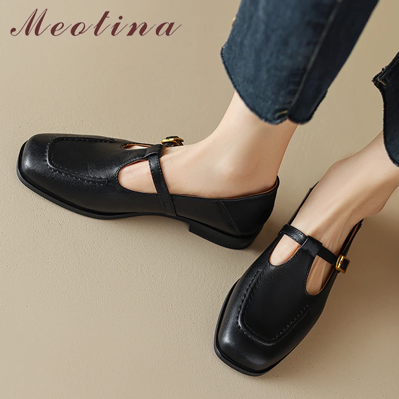

Meotina Women Genuine Leather Square Toe Flats Buckle Ladies T-Strap Fashion Casual Sewing Shoes Autumn Spring Brown Black 40