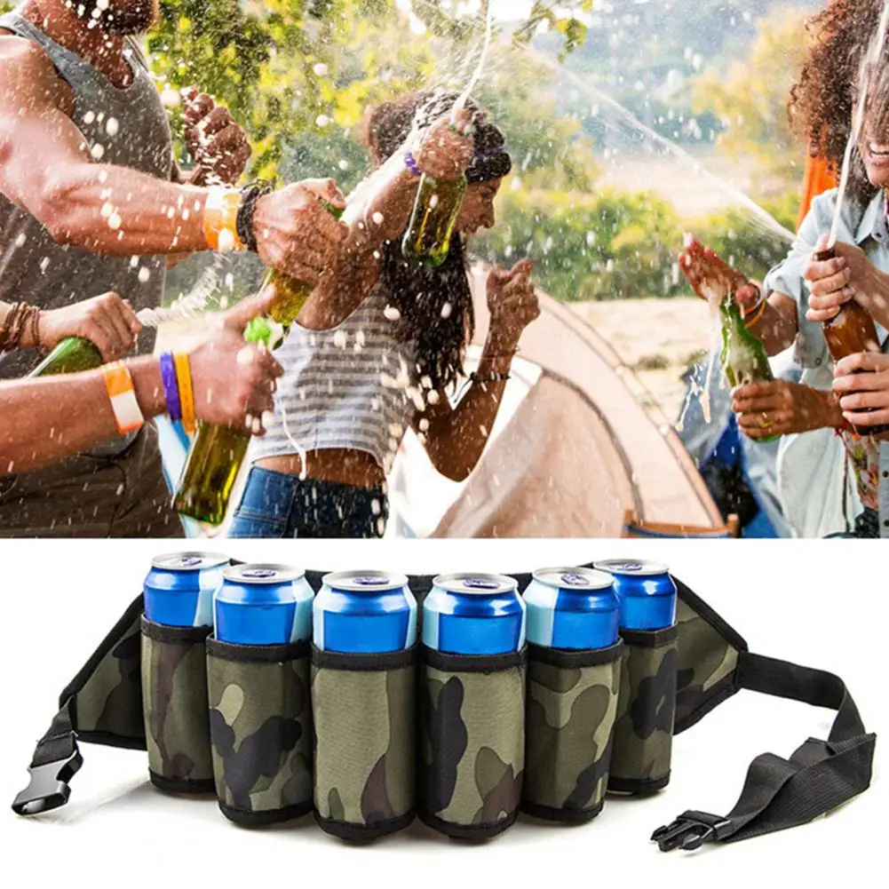 Beer Can Belt Foldable Multi-compartment Zipper Pocket Portable Drink Bottle Storage Bag Camping Accessories