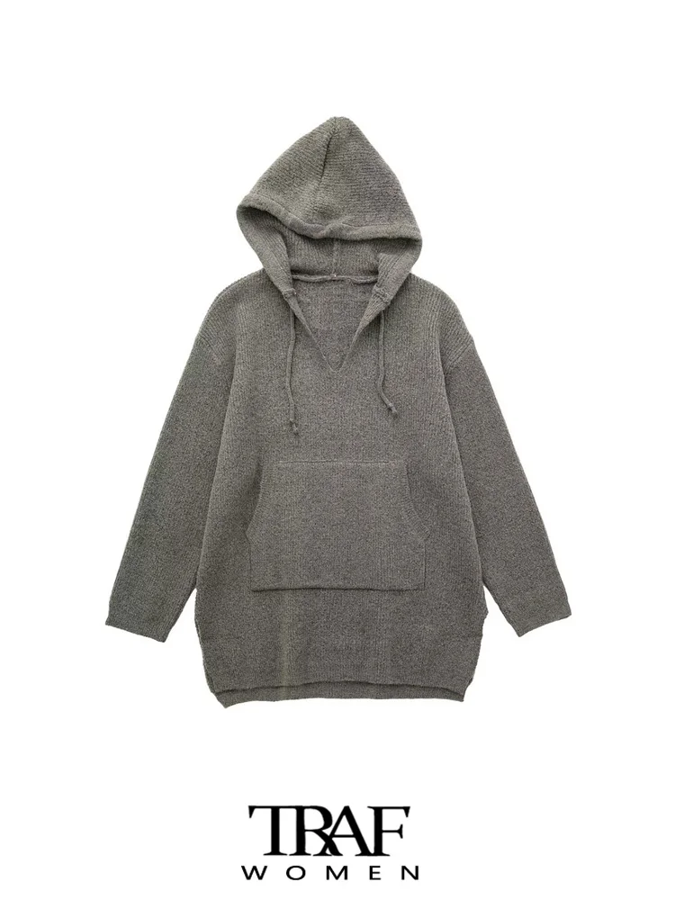 

TRAF Women Fashion Front Pockets Oversized Knit Sweater Vintage Hooded Long Sleeve Female Pullovers Chic Tops
