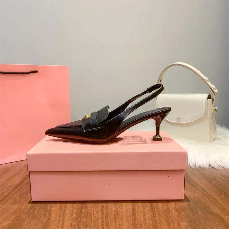 2024 new spring and summer leather lady high-heeled shoes pointy sandals stiletto heels French retro single shoes