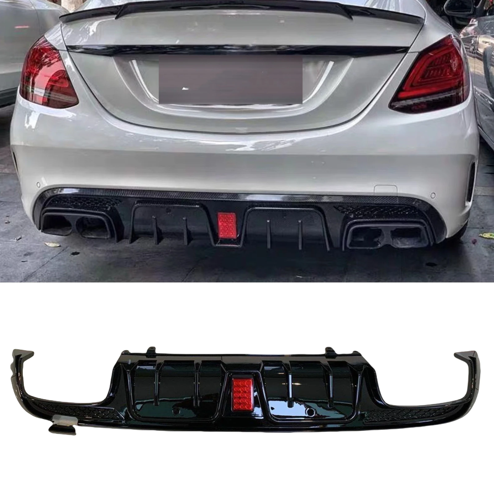 

For Mercedes Benz W205 C63 AMG 2015-2021 4 Door Sedan Rear Bumper Diffuser Lip With Lamp Tail Spoiler Splitter Body Protector