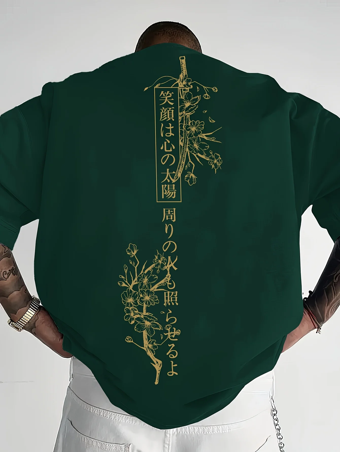 Men's 100% cotton fashionable casual comfortable loose cherry blossom Japanese printed sports round neck short sleeved T-shirt