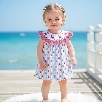 Cute Baby Girls Patriotic Sleeveless Dress with Stars and Stripes Print Ruffled Trim and Bow Detail for Independence Day 3