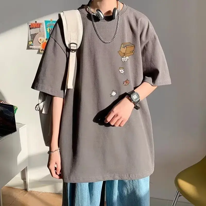 M-8XL Men Oversized Korean Fashion Loose American Vintage Carton Kitten Print Short Sleeve Versatile Trend Couple Outfit - Image 2