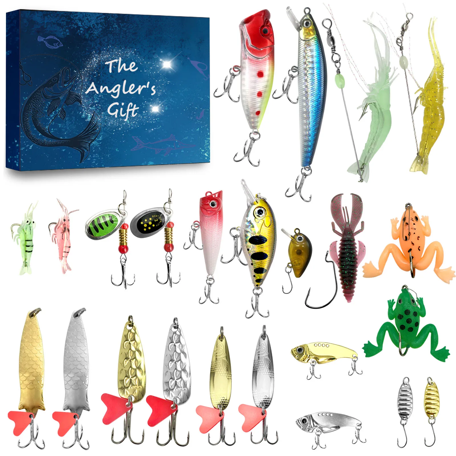 Calendar Countdown to holiday- 24- Day Fishing Bait Set Suitable for Fisher Adult Men and Teenage Boys，the best choice for holid