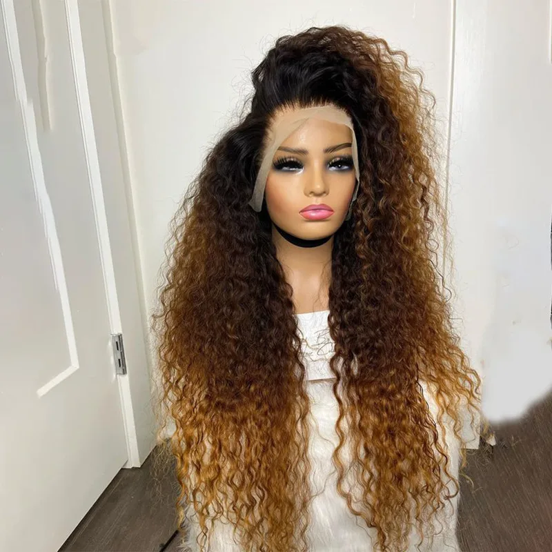 

Soft Preplucked 26Inch 180%Density Glueless Ombre Blonde Kinky Curly Lace Front Wig With BabyHair Heat Temperature Daily Cosplay