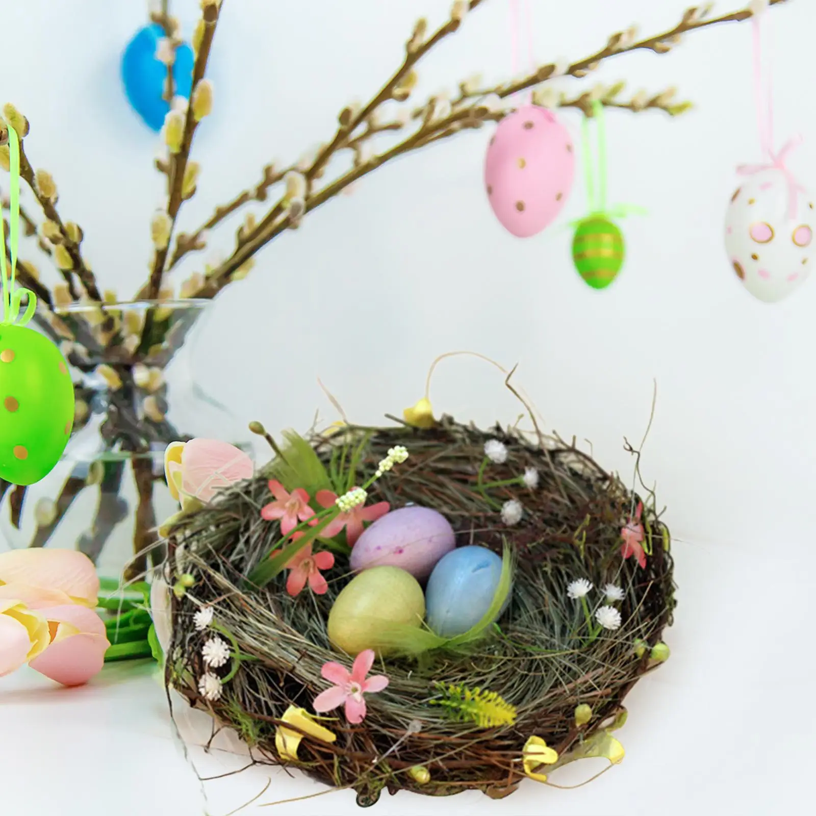 Easter Decorations Bird Nest Crafts Desktop Ornament with Colorful Easter Eggs for Office Outdoor Indoor Living Room Courtyard