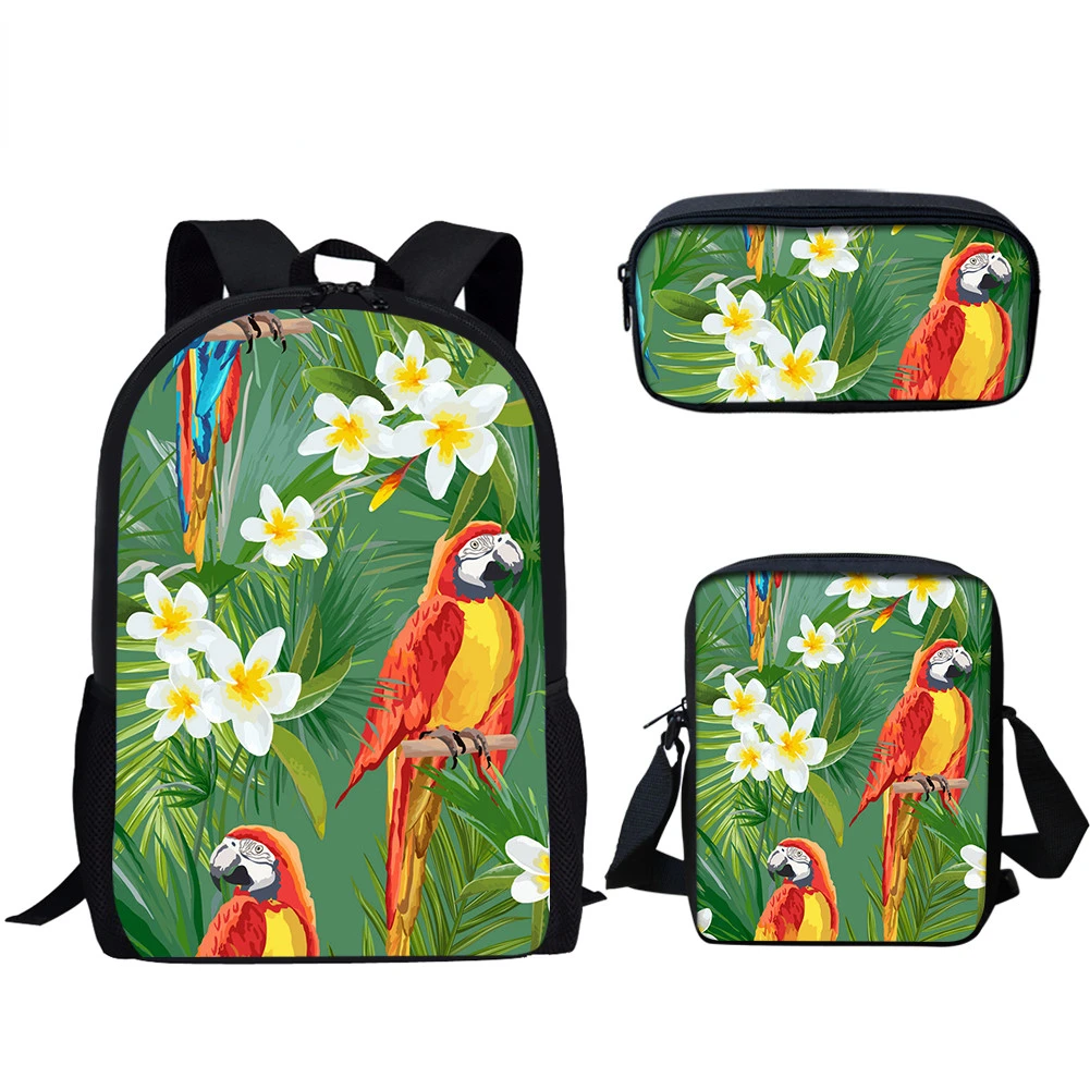 Colorful Parrot Printing Kids Girls Large Capacity Backpack 3PCS Women Bird Pattern Travel Backbag Sets Teenager School Bags