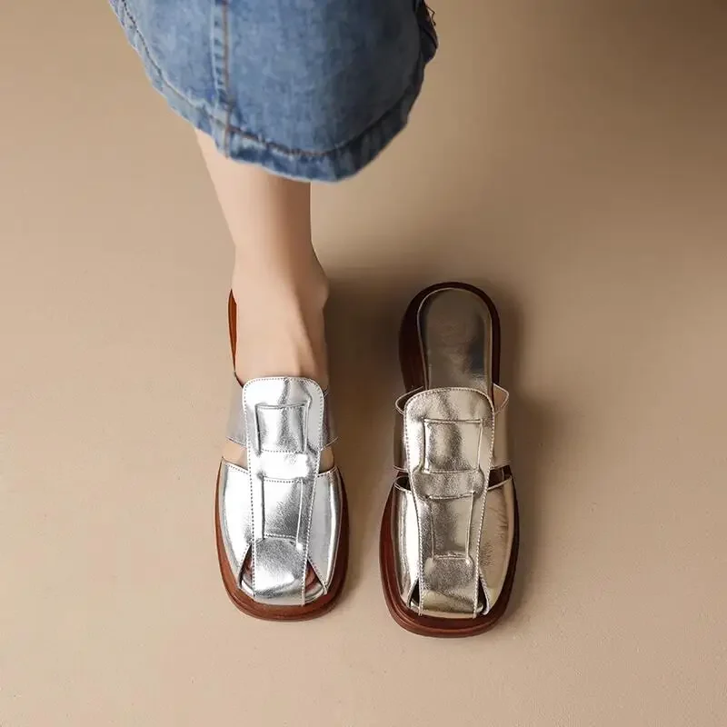Women Slippers Fashion PU Leather Flat Sandals Ladies Summer Solid Color Brand High Quality Casual Hollow Out Woven Shoes