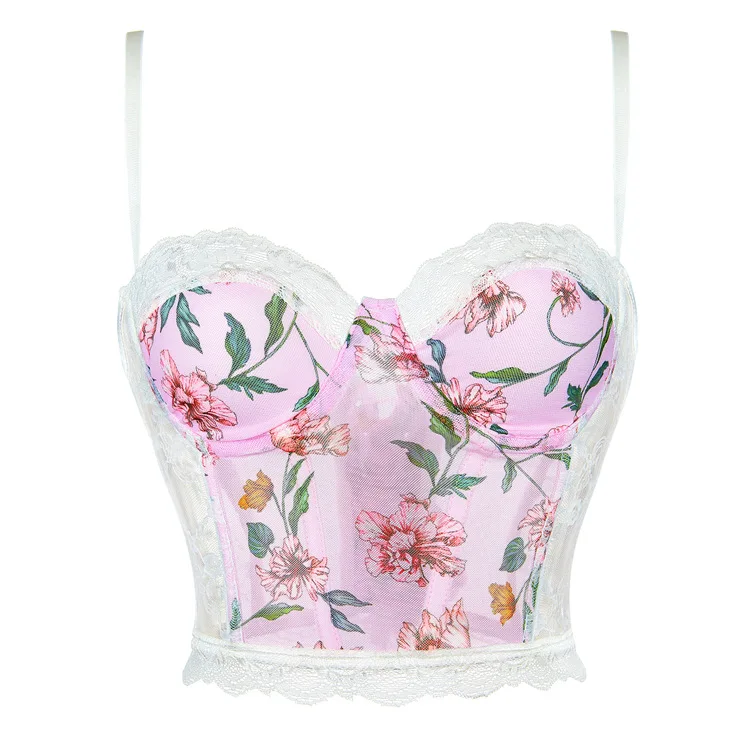 

New Women's Bra Strap Sexy Mesh Lace Breathable Underwear Women Clothes Lenceria Bodys Sexy Mujer Pink Crop Top Corsets