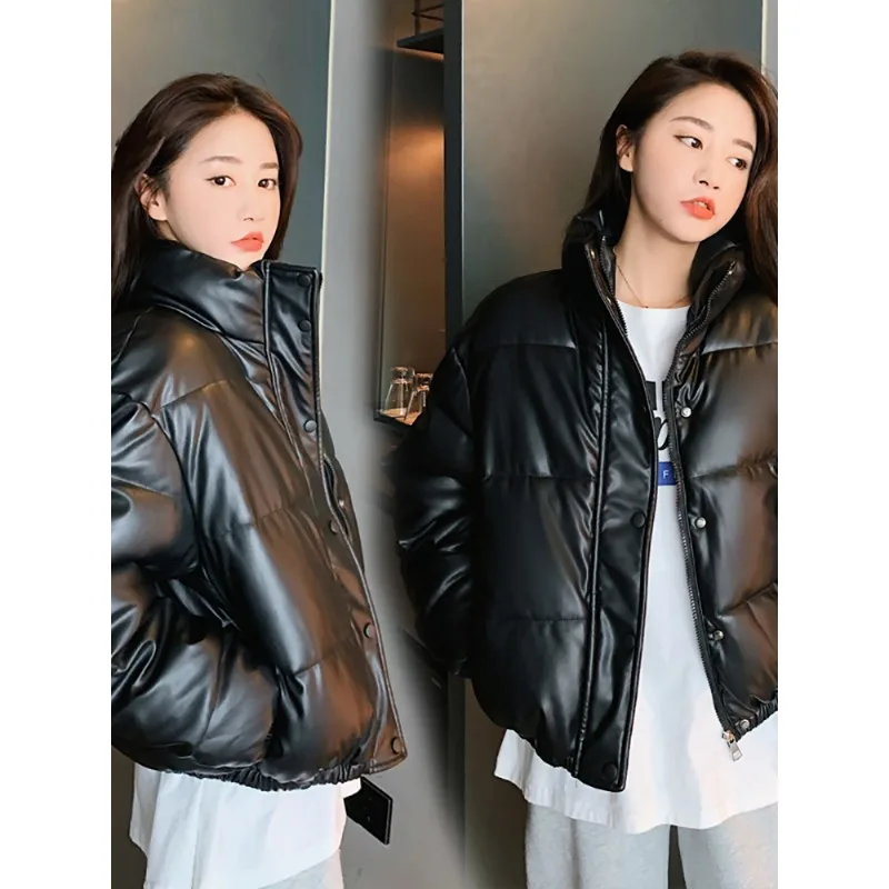 2003 Fashion Black Cotton Padded Lady Down Jacket Winter Warm Thick PU Leather Coats Women Short Parkas Elegant Zipper Clothes