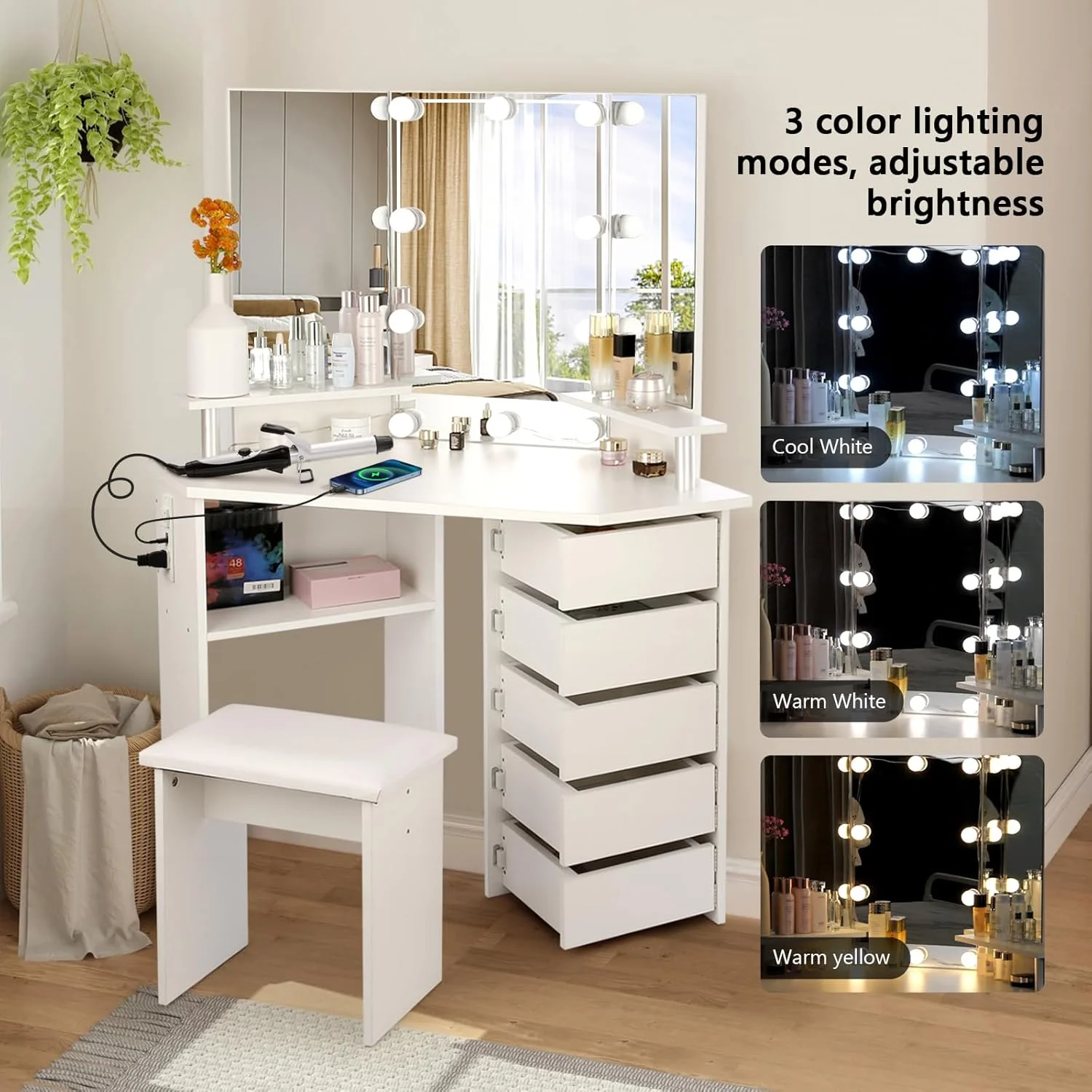 Vanity with Lights - Makeup Vanity Desk with Power Outlet, 3 Color Lighting Options Brightness Adjustable, 5 Rotating Drawers
