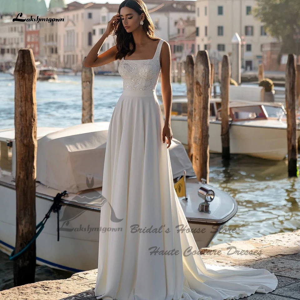 

Lakshmigown квадратные А-силуэт Креп Свадебные платья Пляжные летние 2024 Vestidos гражданские длинные бриллианты с открытой спиной