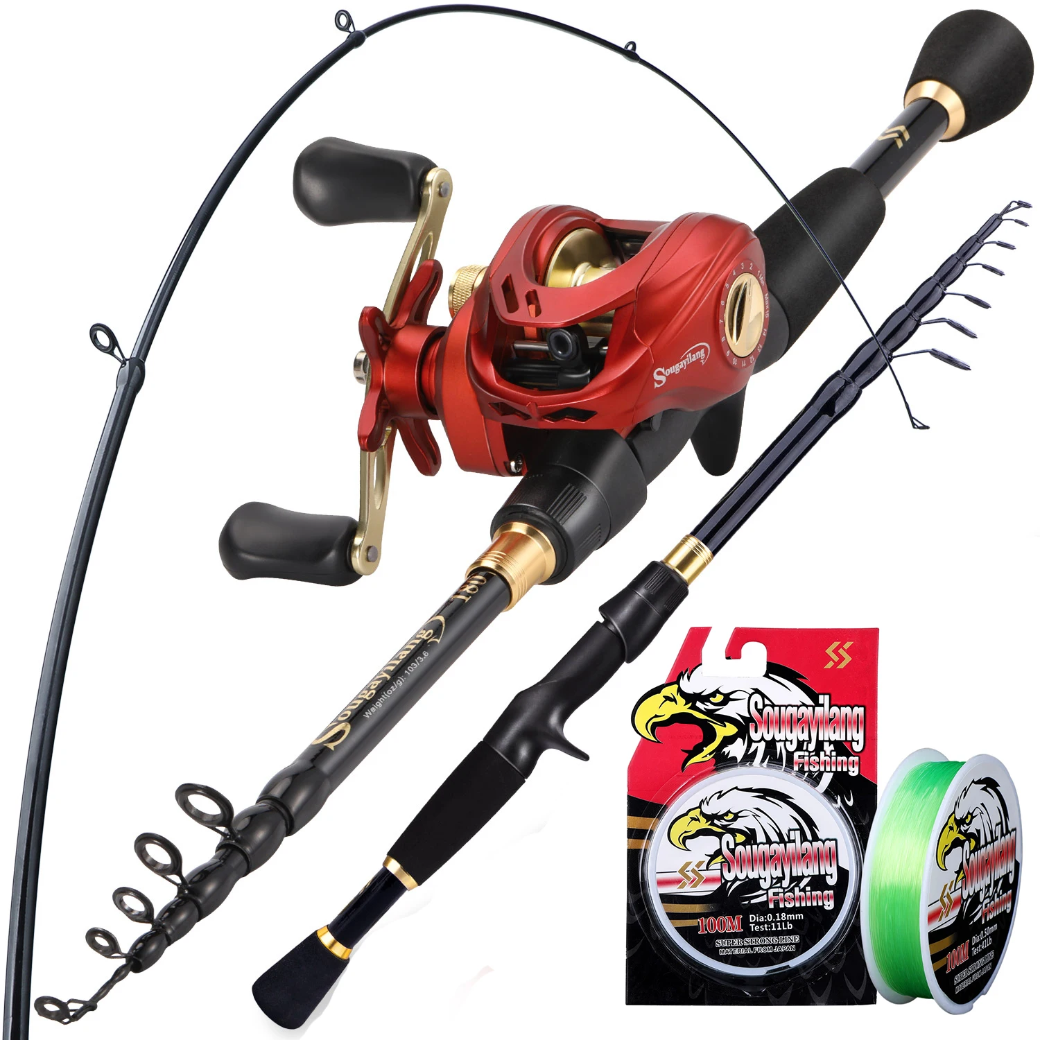 Sougayilang Fishing Rods Reels Full Kit Portable Carbon 4 Pieces Baitcaster  Fishing Pole with Low Profile 18BB Baitcasting Reel Portable Carrier Bag