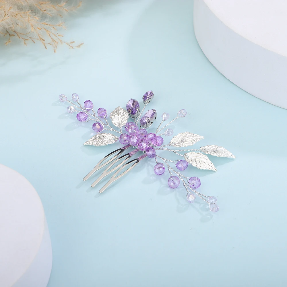 Purple Silver Crystal Leaf Hair Comb Prom Party Rhinestone Women Headpieces Wedding Accessories Bridal Headwear Bridesmaid Gift hair accessories bridal hair accessories