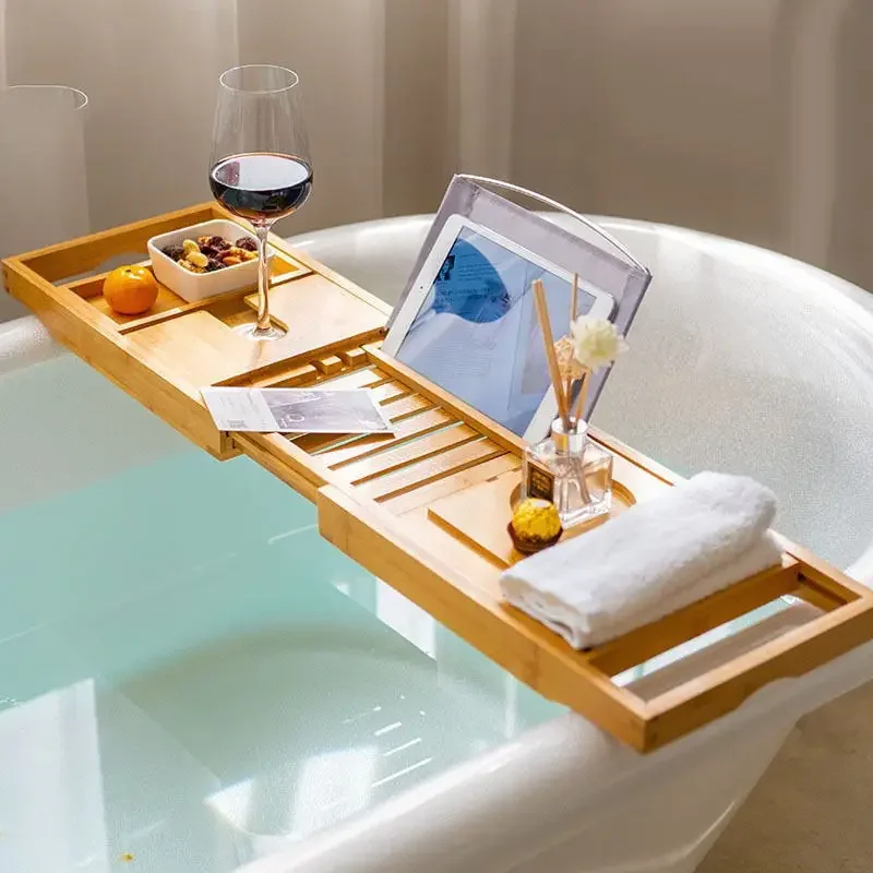 Bamboo Home Bathtub Shelf Bath Caddy Extendable Bamboo Bath Tray