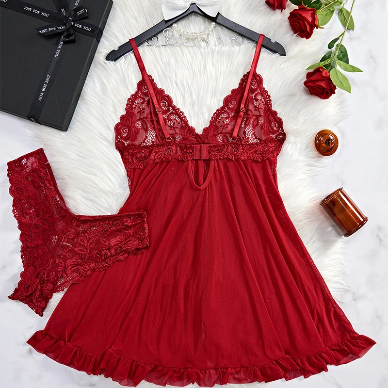 Hot Lace Deep V Dress Sexy Lingerie For Woman Transparent Porno Babydoll Erotic Underwear Crotchless Sleepwear Sexual Clothing