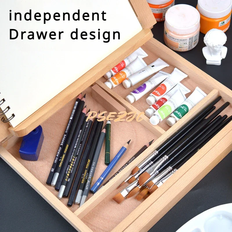 Multi Functional Desktop Single-layer Drawer Solid Wood Frame Painting Box, Portable Sketch Frame Artist Art Supplies