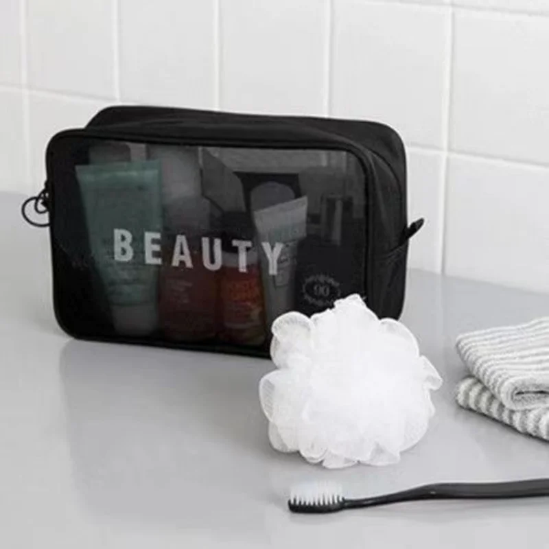 Makeup Bag Women Travel Toiletry Wash Makeup Bag Storage Case Zipper Make Up Bags Black Dot Transparent Mesh Cosmetic Bag 4