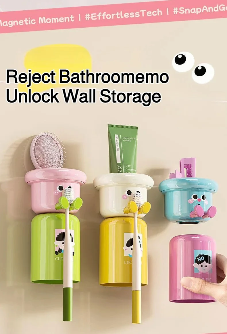 Cartoon Magnetic Toothbrush Holder Wall Mounted Bathroom Cup Organizer_voghion.com