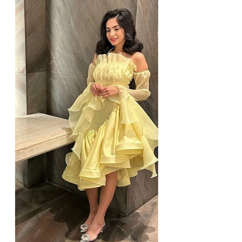 

Smileven Yellow Organza Prom Dress a Line Ruffles Tiered Tulle Evening Dress Long Sleeve Saudi Arabia Evening Party Gowns