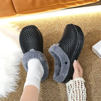 Winter Couple Fuzzy Slippers Women Men, Warm Fur Lined Mule House Shoes for Indoor Outdoor Cozy Comfortable Non-Slip Soft Slippe 1