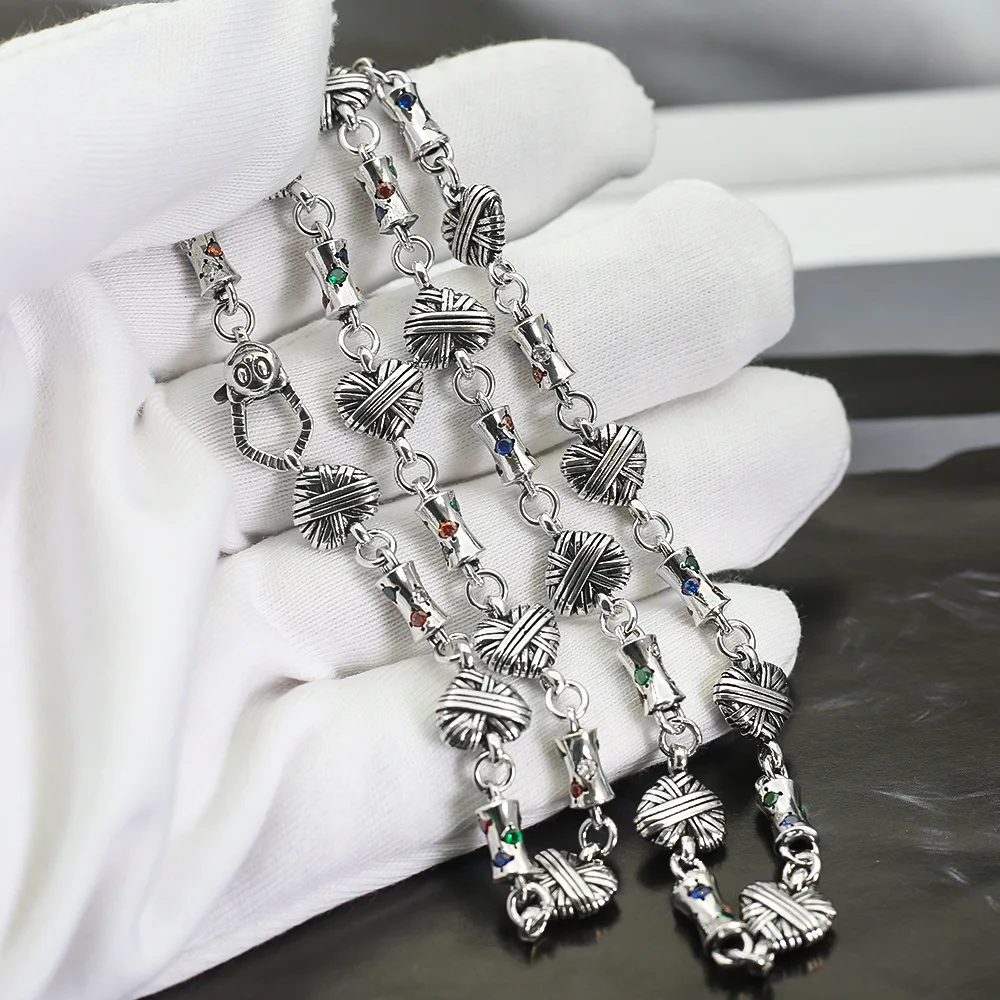 Retro heart -shaped inlaid color galfly round barrel splicing necklace