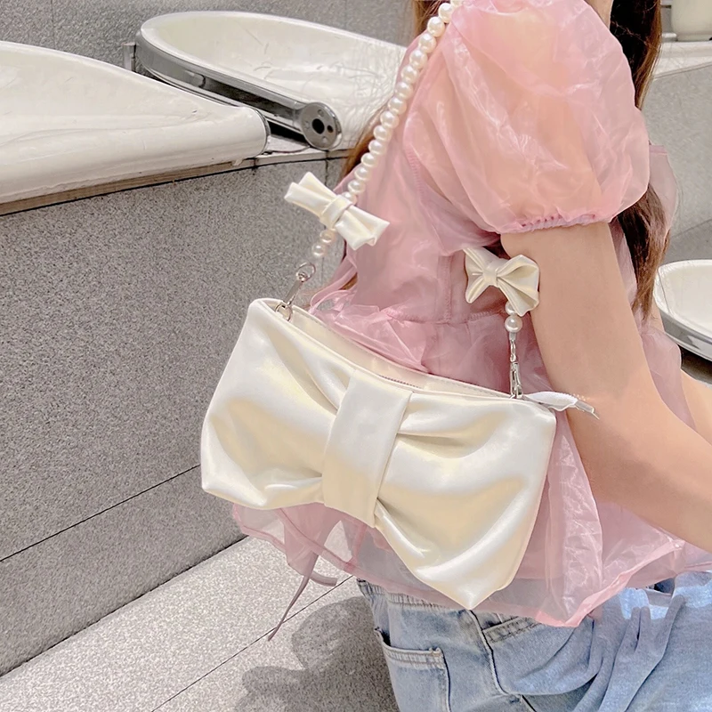 

Fashion Bow Design Ladies Underarm Bag New Pearl Chains Women Shoulder Crossbody Bags Sweet Girls Female Small Purse Handbags