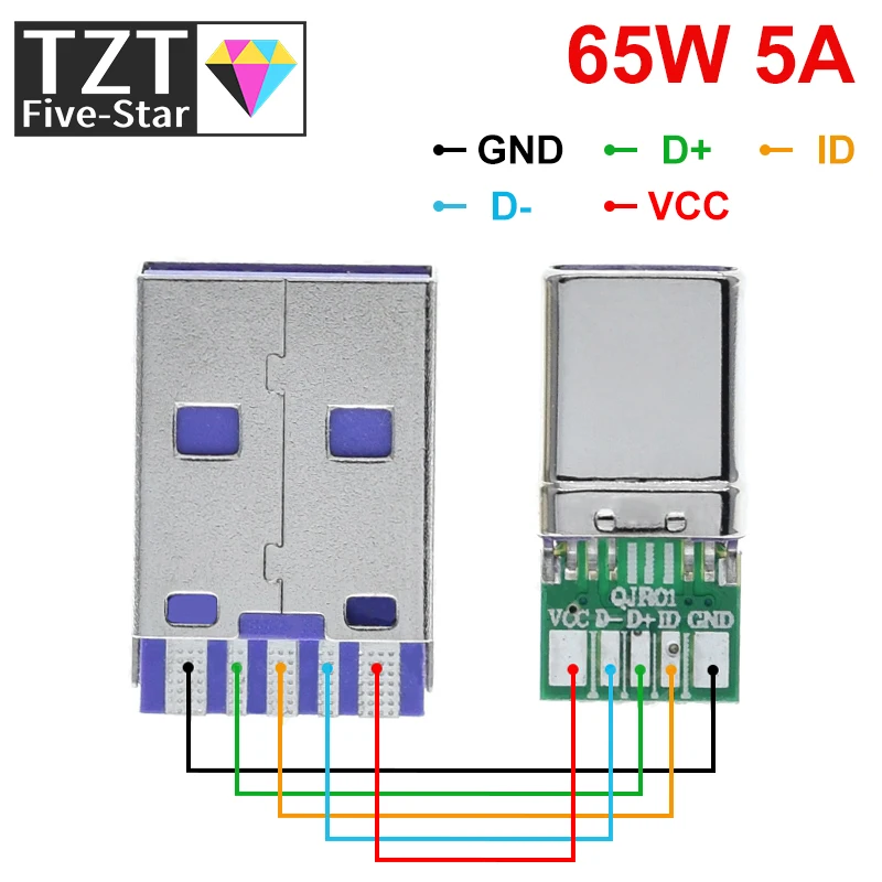 1-5Set-PD-Fast-Charge-Type-C-USB-65W-5A-connettore-maschio-saldatura ...