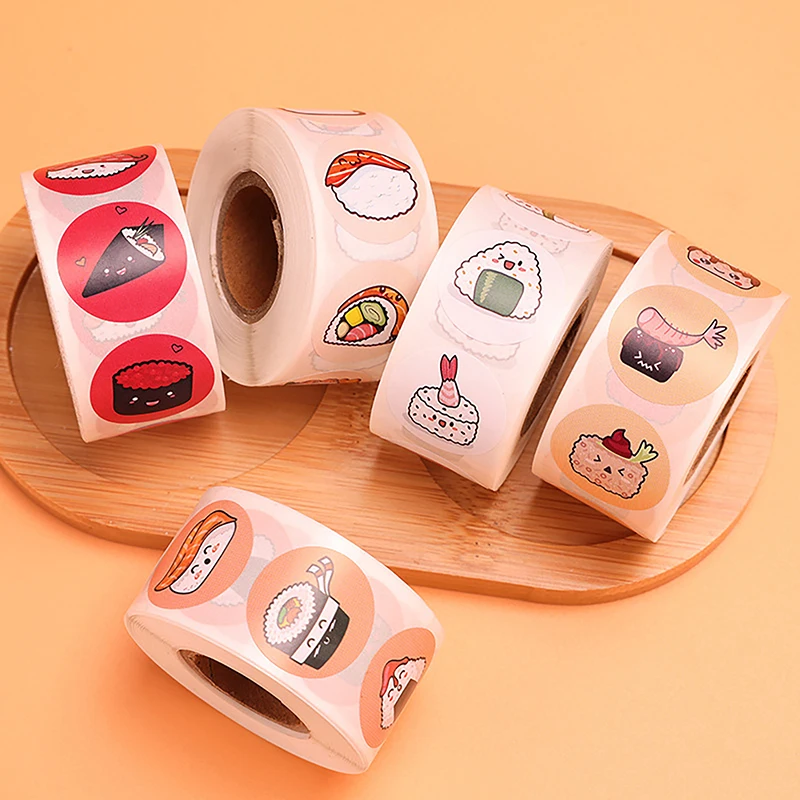 1Roll 2.5cm/1inch Circular Cartoon Sushi Pattern Sticker Birthday Wedding Decor Sticker Baked Dessert Lunch Box Label