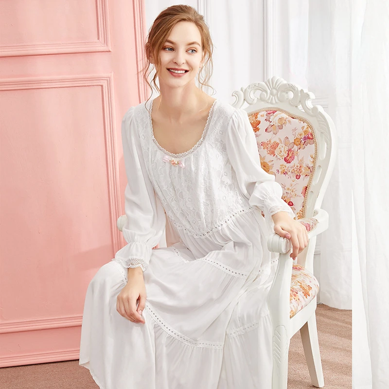 

Cotton Romantic Nightgowns Women Autumn Long Sleeve White Pink Loose Peignoir Night Dress Victorian Vintage Princess Sleepwear