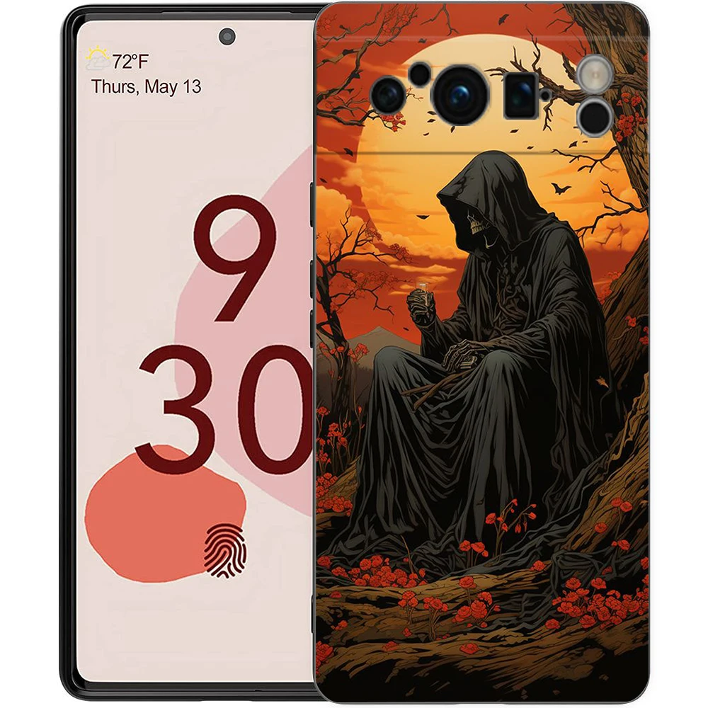 Black Soft Shell Phone Case with Grim Reaper Skull Design