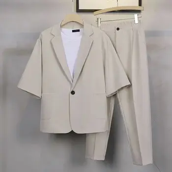 Primavera autunno stile coreano uomo abiti formali giacche a maniche corte e pantaloni lunghi uomo semplice solido Slim Fit set di due pezzi 1