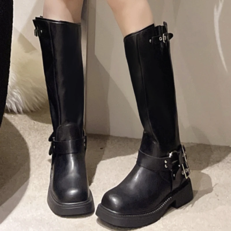 Shoes for Women 2023 Hot Sale Autumn Pull on Knee-High Women's Boots Solid Color Round Toe Platform Water Proof Western Boots