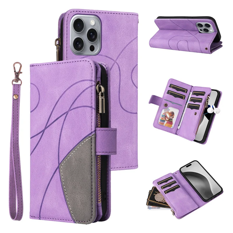 Luxury Zipper Leather Wallet Case with Card Holder and Lanyard