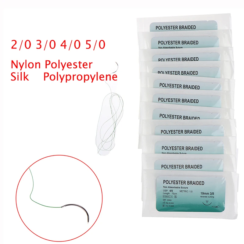 Medical Needle Suture 12Pcs 75cm 2/0 3/0 4/0 Dental Surgical Needle Silk Medical Thread Suture Surgical Practice Kit surgical training kit suture practice kit