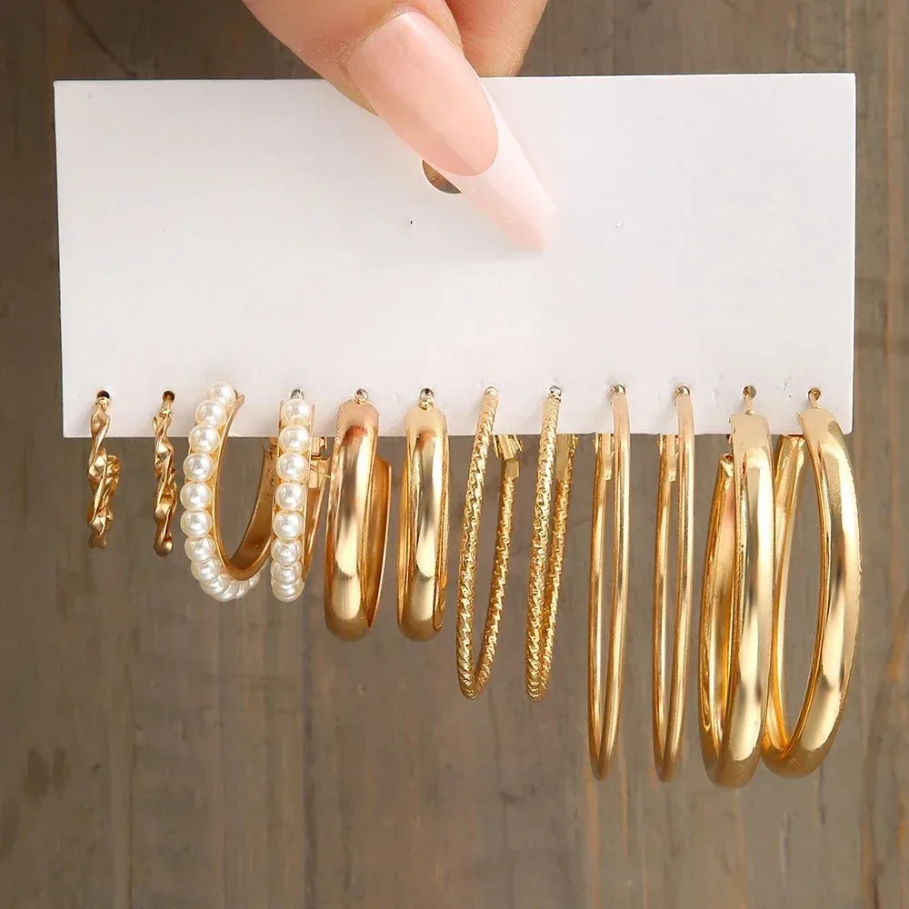 Ensemble de boucles d'oreilles créoles Boho Big Circle pour femmes, boucles d'oreilles en perles vintage de couleur or, clous d'oreilles en forme de cœur en zircon, bijoux cadeaux_voghion.com