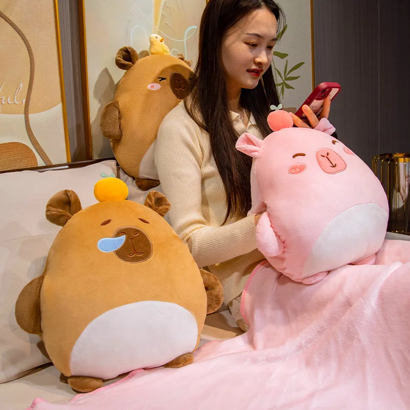 40x40cm Kawaii Capybara Plush Pillow with Holes with Blanket Warm Hands Brown Orange Duck Pink Apple Cushion Plushie Decor Gift 3