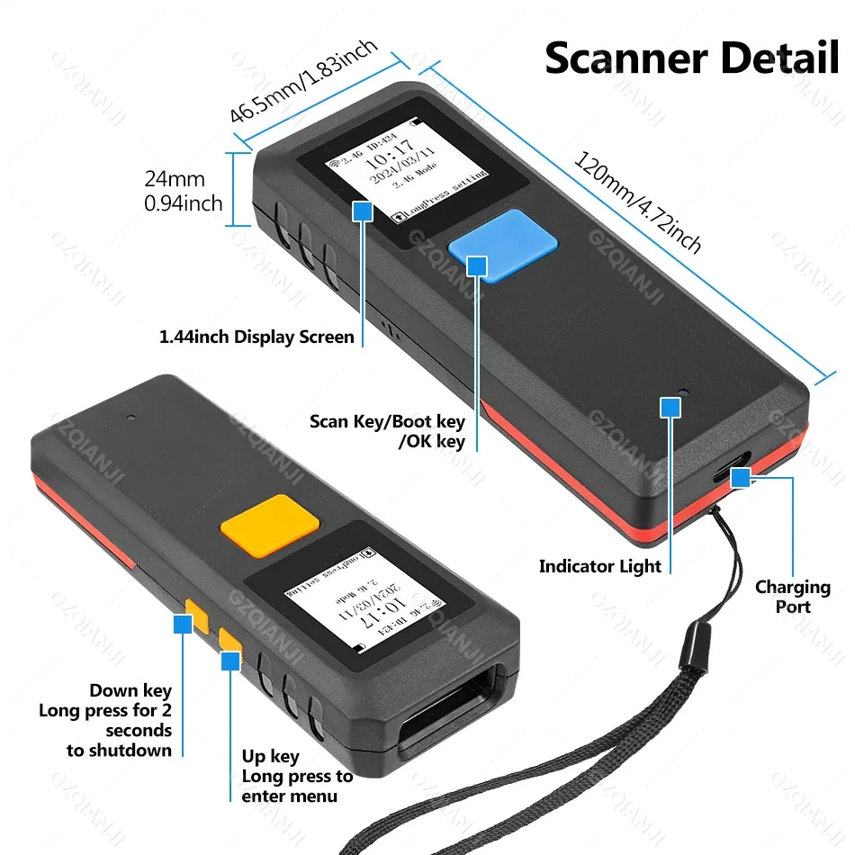 1D Laser 2D Wireless Bluetooth Barcode Scanner Mini Pocket Bar Reader Portable BT Reader QR Code PDF417 Scanner for iPad iPhone