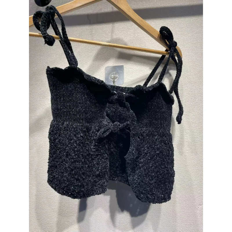 

Nordic GA2023 Spring and Summer New Black Short Slim Fit Hand Hook Lace-up Knitted Sling Top Women 31228