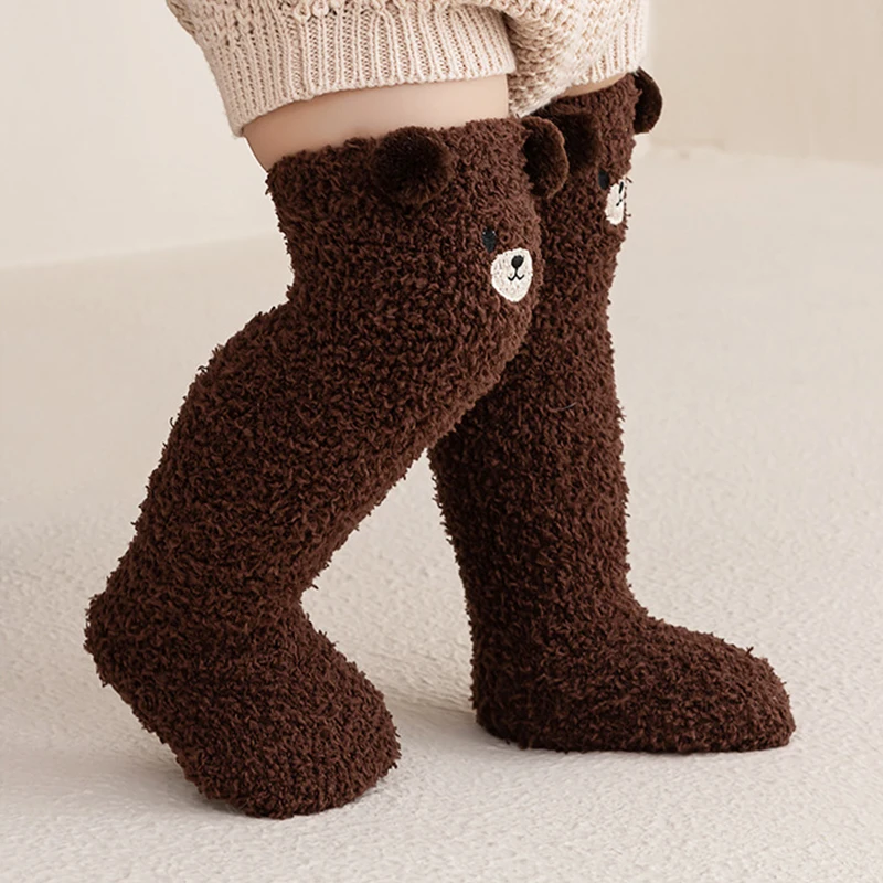 Cartoon Plush Baby Socks Cute Bear Solid Color Thigh High Sock for Infant Winter Thicken Warm Coral Fleece Kids Stockings